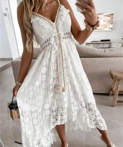 Esra Ärmelloses Spitzen-V-Ausschnitt Maxikleid